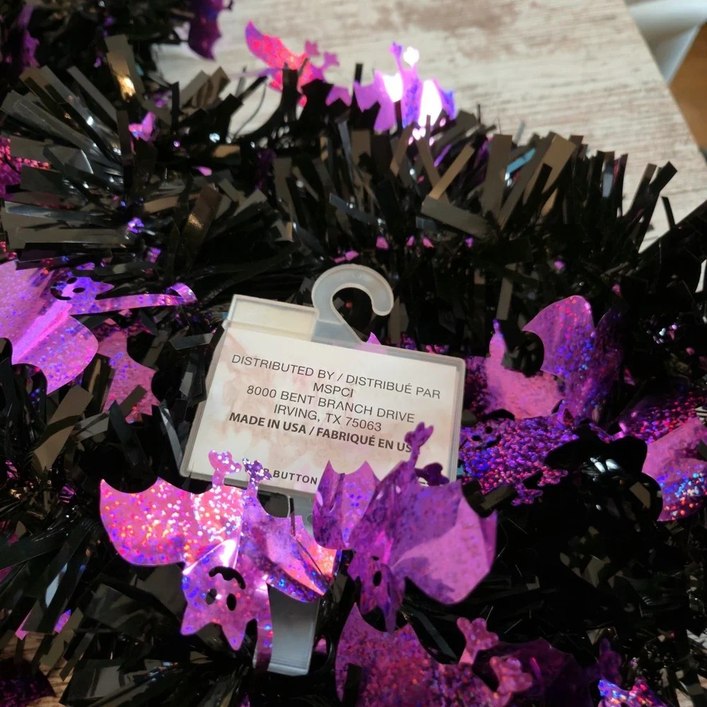 Ashland Halloween Tinsel Garland 12 FT Black with Holographic Purple Bats